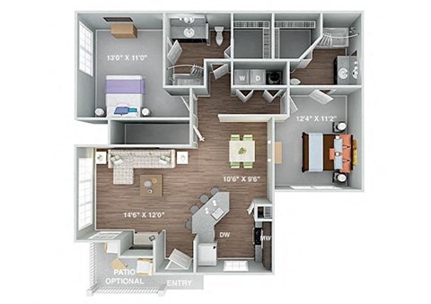 Floor plan for 2 beds, 2 baths, 1021 sqft